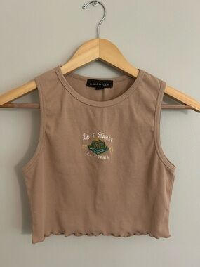 Social Scene Women's Ribbed Taupe Cropped Tank with Lake Tahoe Embroidery
